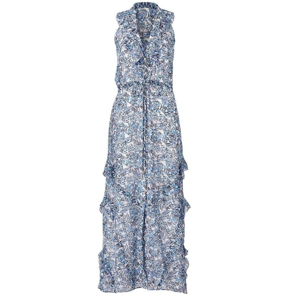 Saloni Lizzie Silk Maxi Dress Blue Ruffle Floral Sleeveless V Neck Tie Waist XS